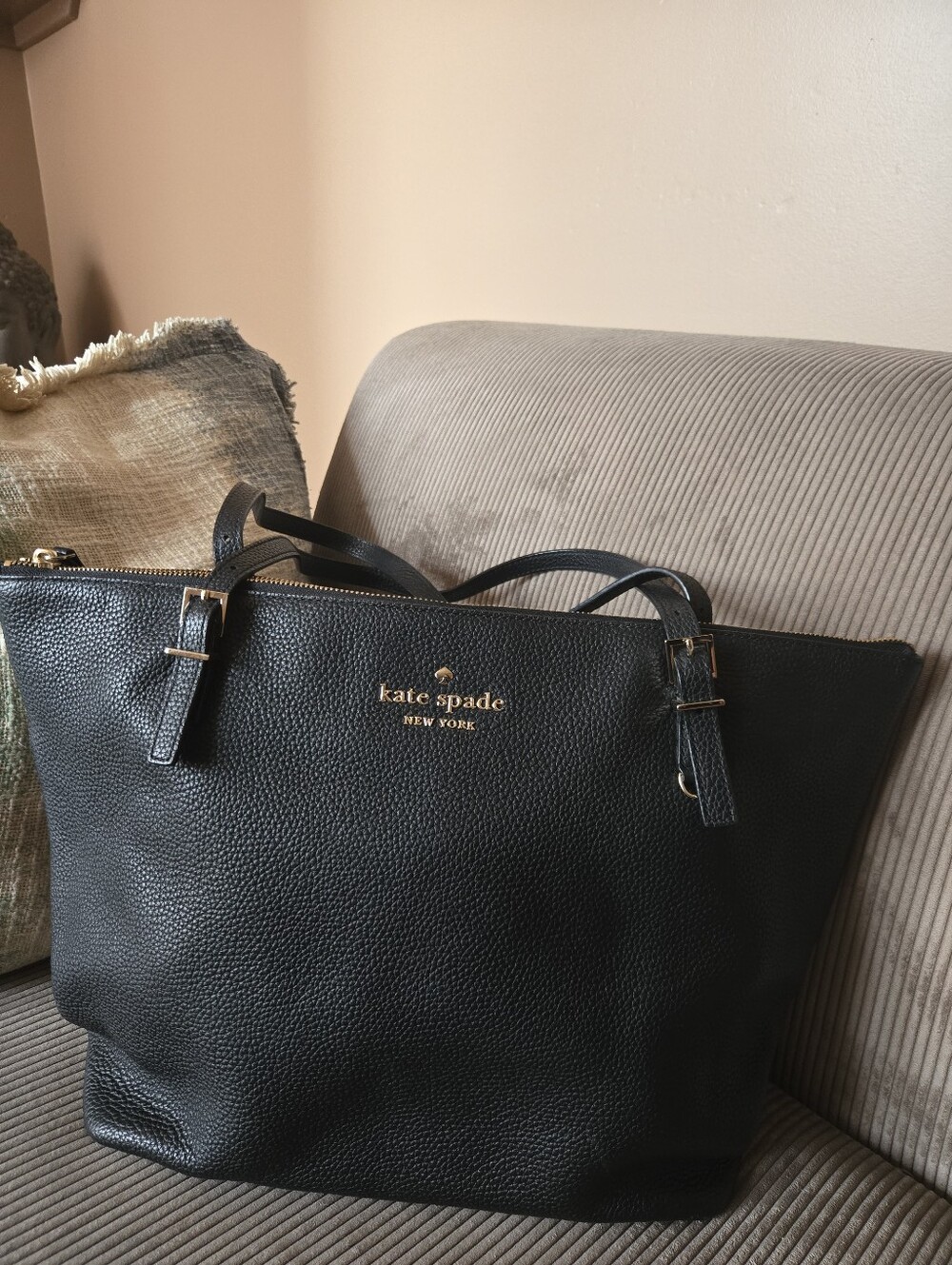 kate spade Black Pebbled Leather Tote with Gold Logo